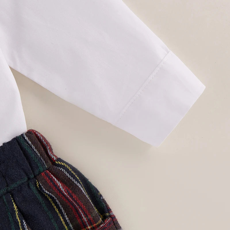 Toddler Boy Formal Wear Stylish Long Sleeve Shirt with Bowtie and Plaid Suspender Pants 2 Piece Set