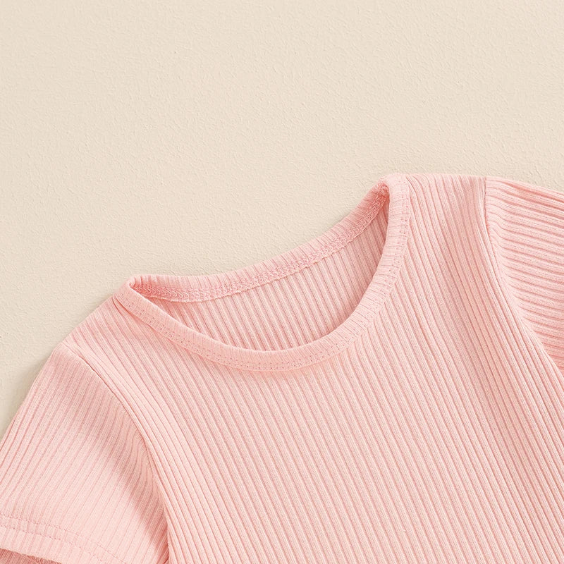 Lioraitiin Toddler Girl Summer Outfit Solid Color Ribbed Short Sleeve Top and Flower Print Suspender Shorts 2 Piece Set