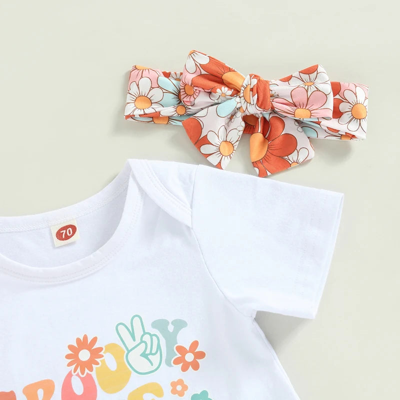 Lioraitiin Toddler Baby Girls 3Pcs Outfit Set White Short Sleeve Letter Print Romper Floral Flared Pants 0-3 Years