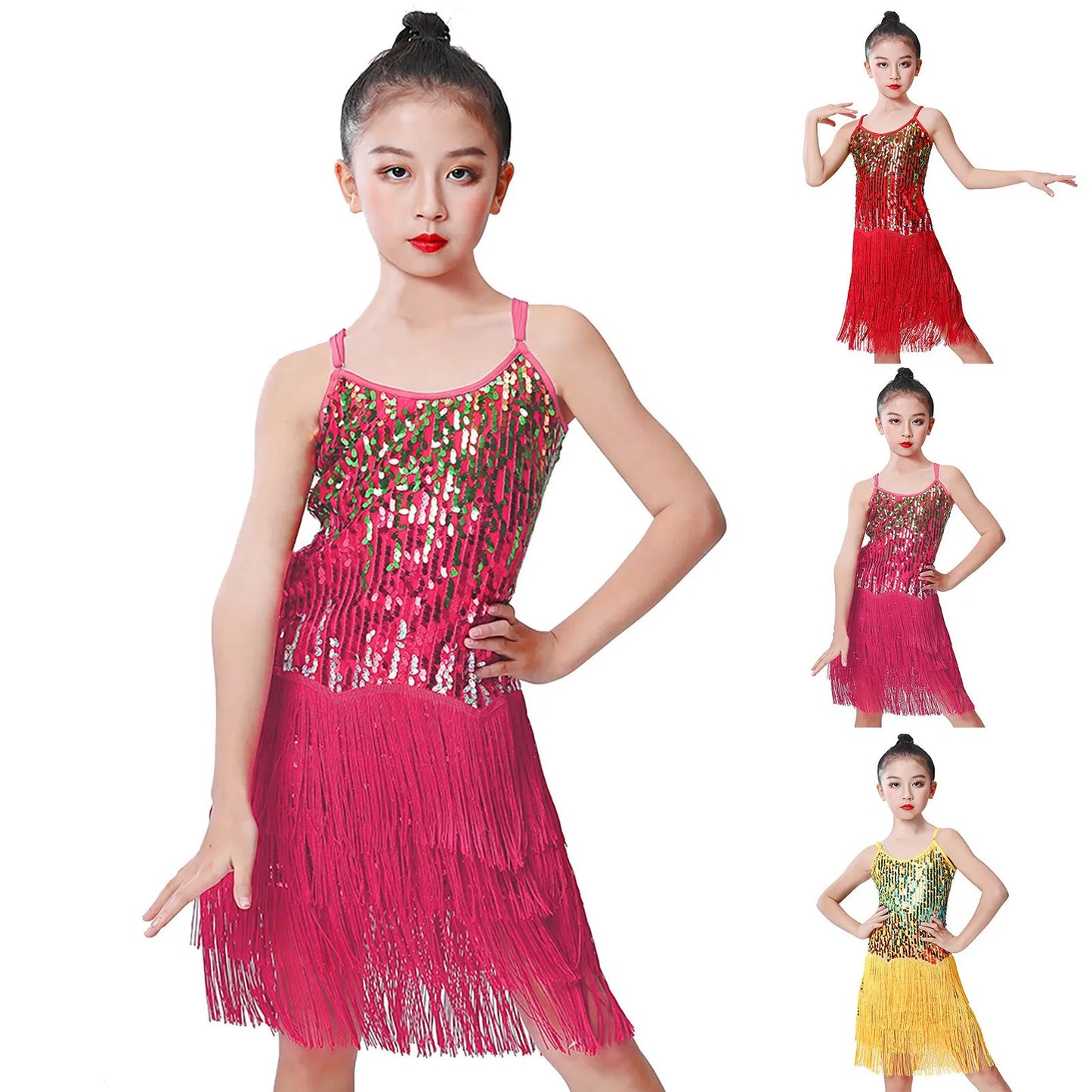 Girls Sequin Slip Dress Latin Dance Performance Dress Fringe Stage Show Holiday Dress
