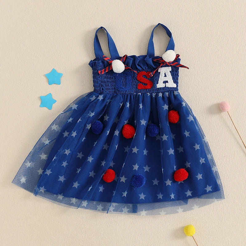 Pudcoco Little Girl 4th Of July Dress Star Print Plush Ball Sleeveless Smocked A-Line Dress For Spring Summer 6M-4T