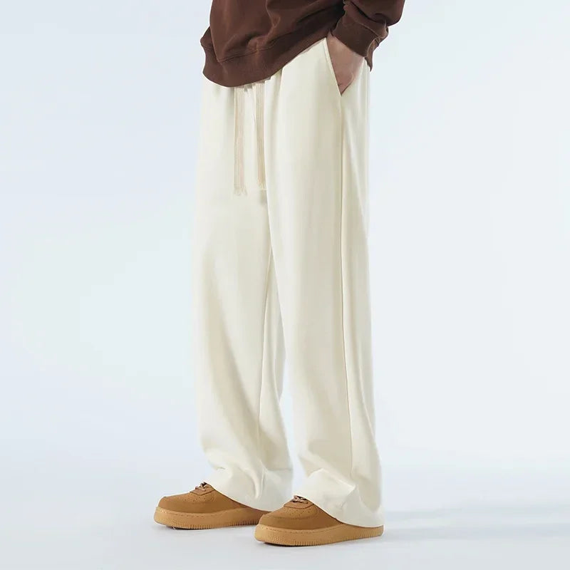 New Men's Casual Wide Leg Straight Pants 65 Percent Cotton Outdoor Sweatpants High Quality Soft Long Baggy Trousers