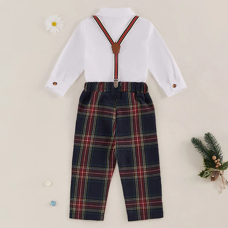 Toddler Boy Formal Wear Stylish Long Sleeve Shirt with Bowtie and Plaid Suspender Pants 2 Piece Set