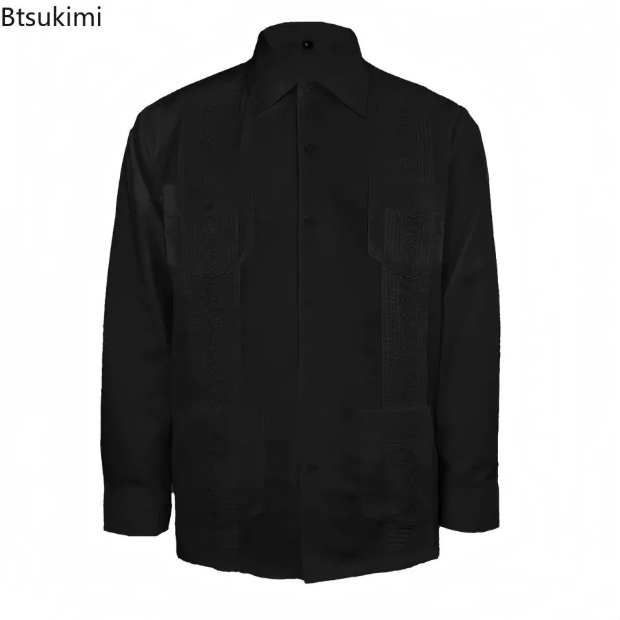 2025 Men's Cuban Guayabera Shirts Solid Long Sleeve Button Up Embroidery Dress Shirts Traditional Casual Four Pockets Tops