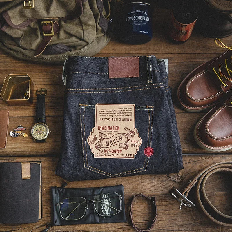 Maden Retro 14.5OZ Selvage Denim Jeans for Men Mid Waisted Regular Fit Straight Pants with YKK Zipper Size 28 to 38