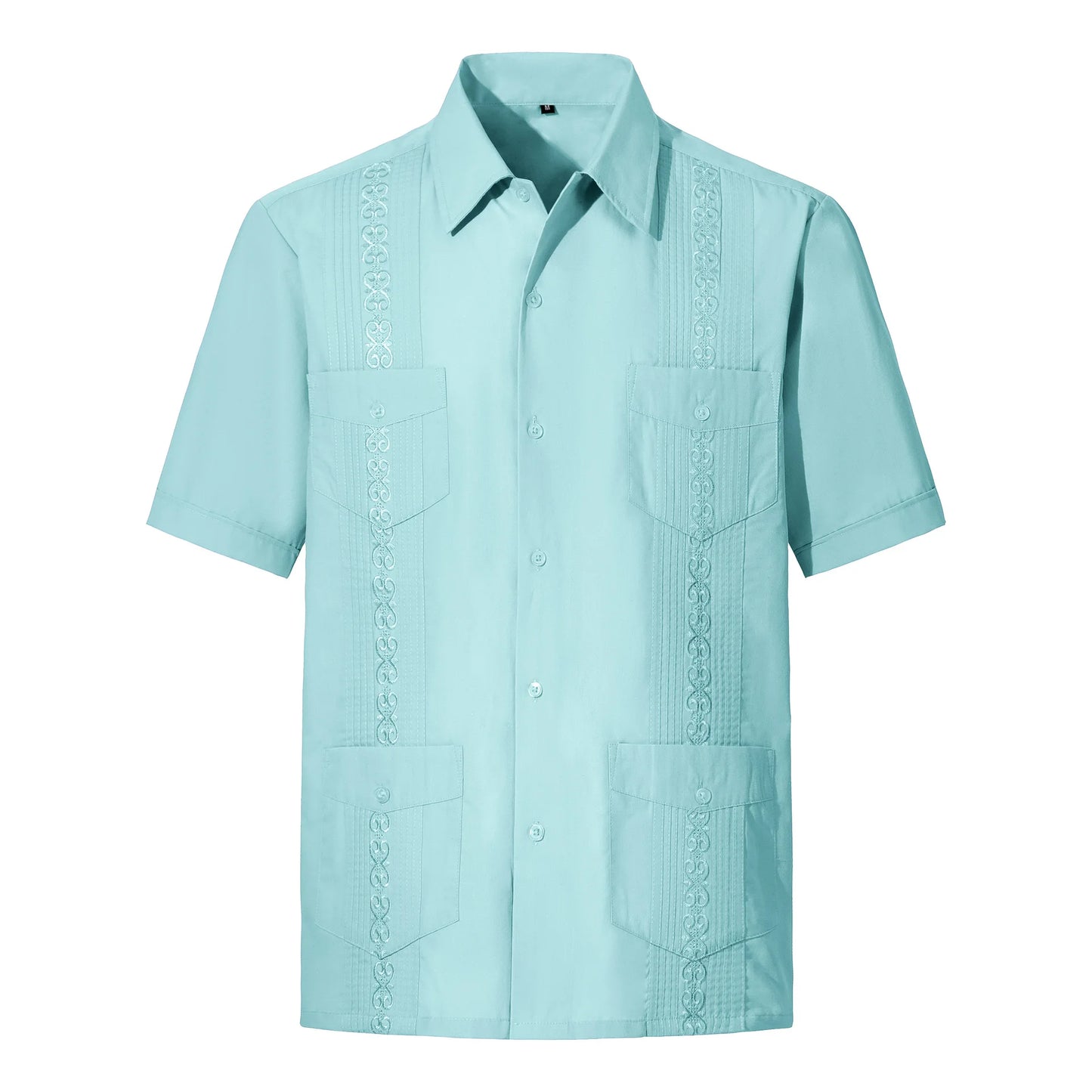 2025 Men's Cuban Guayabera Shirts Solid Long Sleeve Button Up Embroidery Dress Shirts Traditional Casual Four Pockets Tops