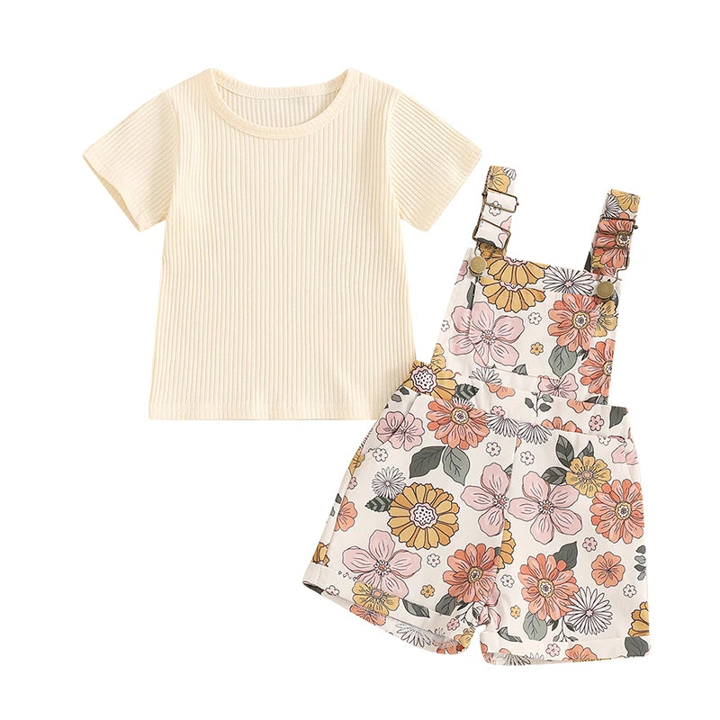 Lioraitiin Toddler Girl Summer Outfit Solid Color Ribbed Short Sleeve Top and Flower Print Suspender Shorts 2 Piece Set