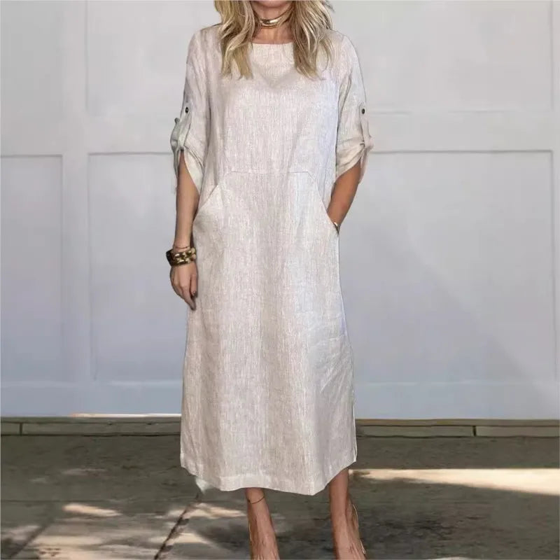 Women's Spring Solid Color Linen Dress Big Pocket Splic Short Sleeve Elegant Dress Summer Casual Long Dresses Daily Comfy Robe