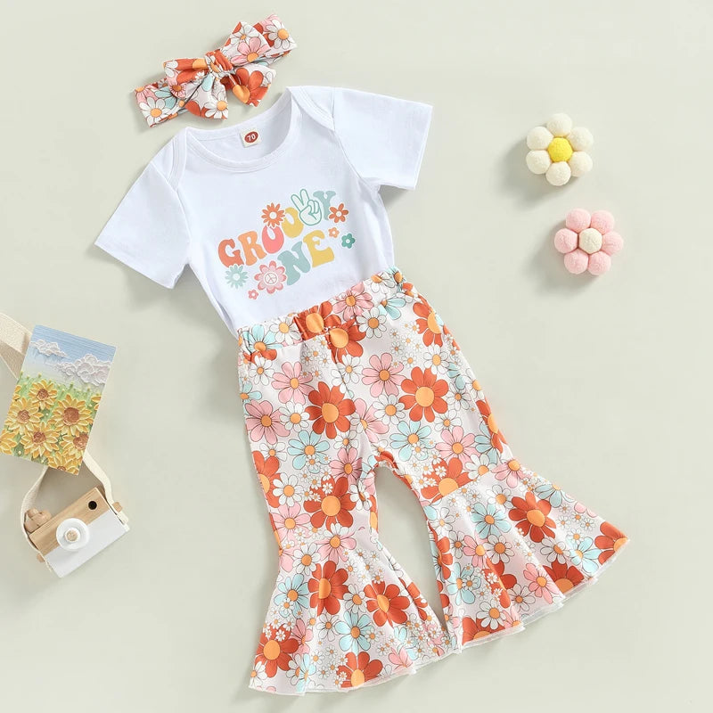 Lioraitiin Toddler Baby Girls 3Pcs Outfit Set White Short Sleeve Letter Print Romper Floral Flared Pants 0-3 Years