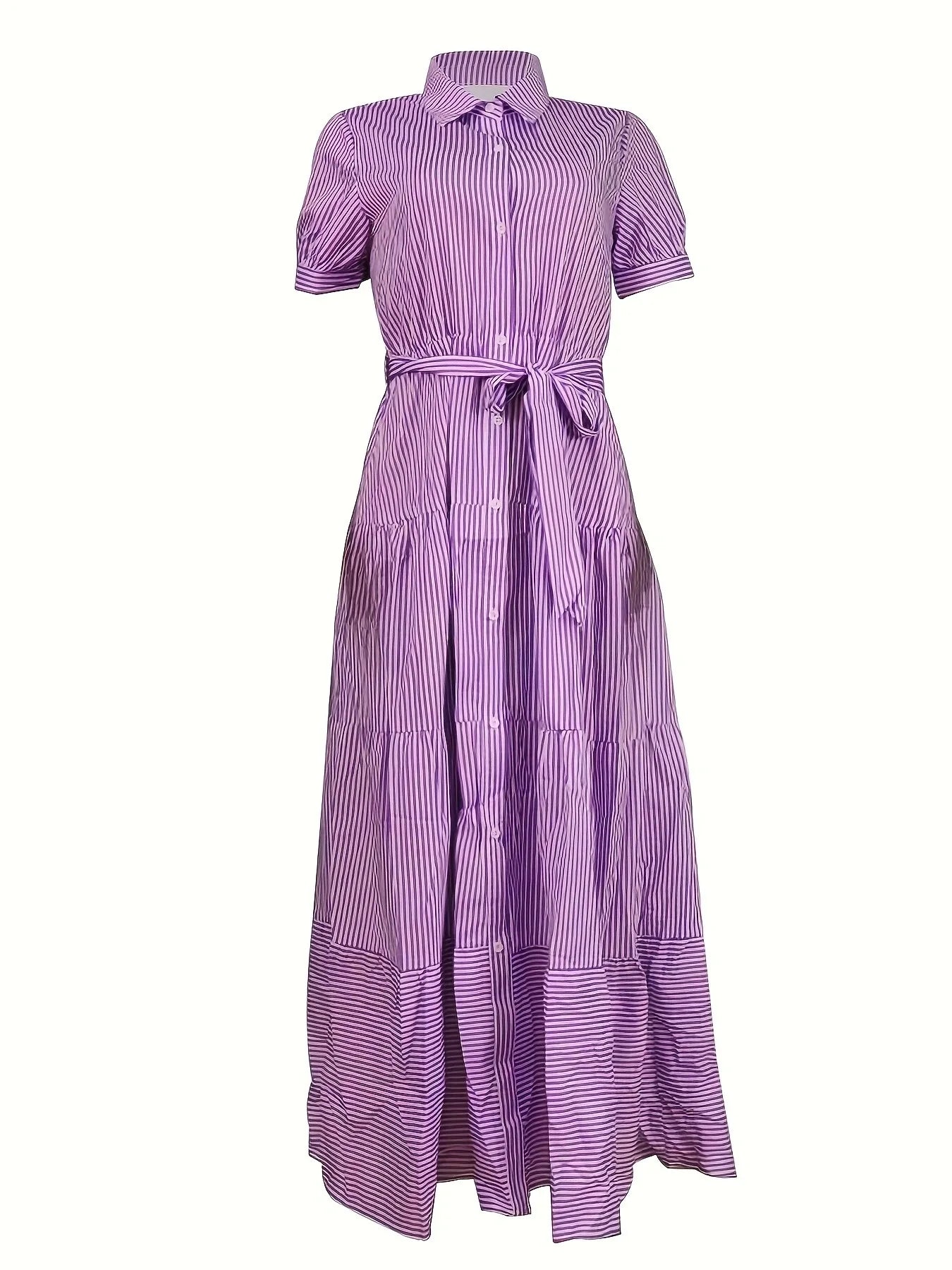 Women's New Fashion Stripe Printed Short Sleeve Loose Waist Strap Long Collar Ankle Single Breasted Dress