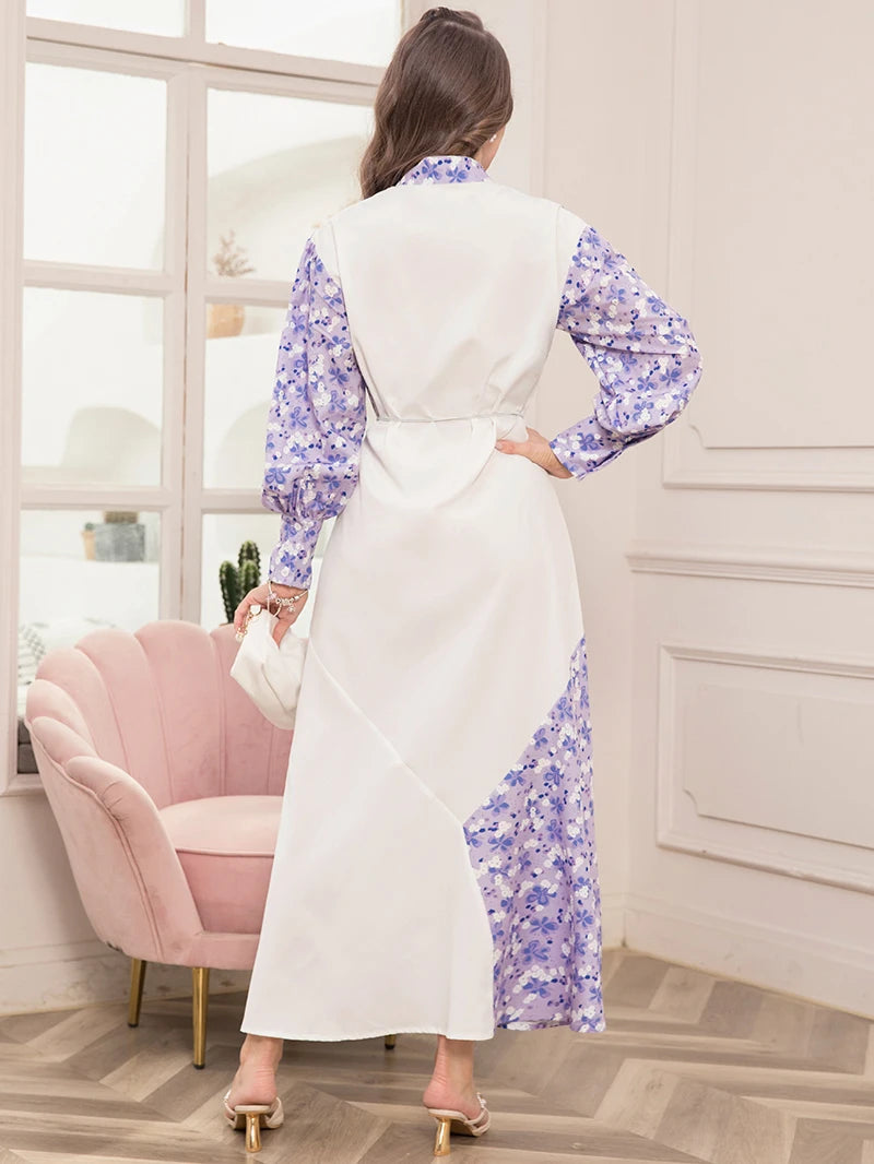 Elegant Floral Print High Neck Contrast Color Belted Shirt Sleeve Long Dress - Women's Fashion Slim Fit Maxi Dress for Spring