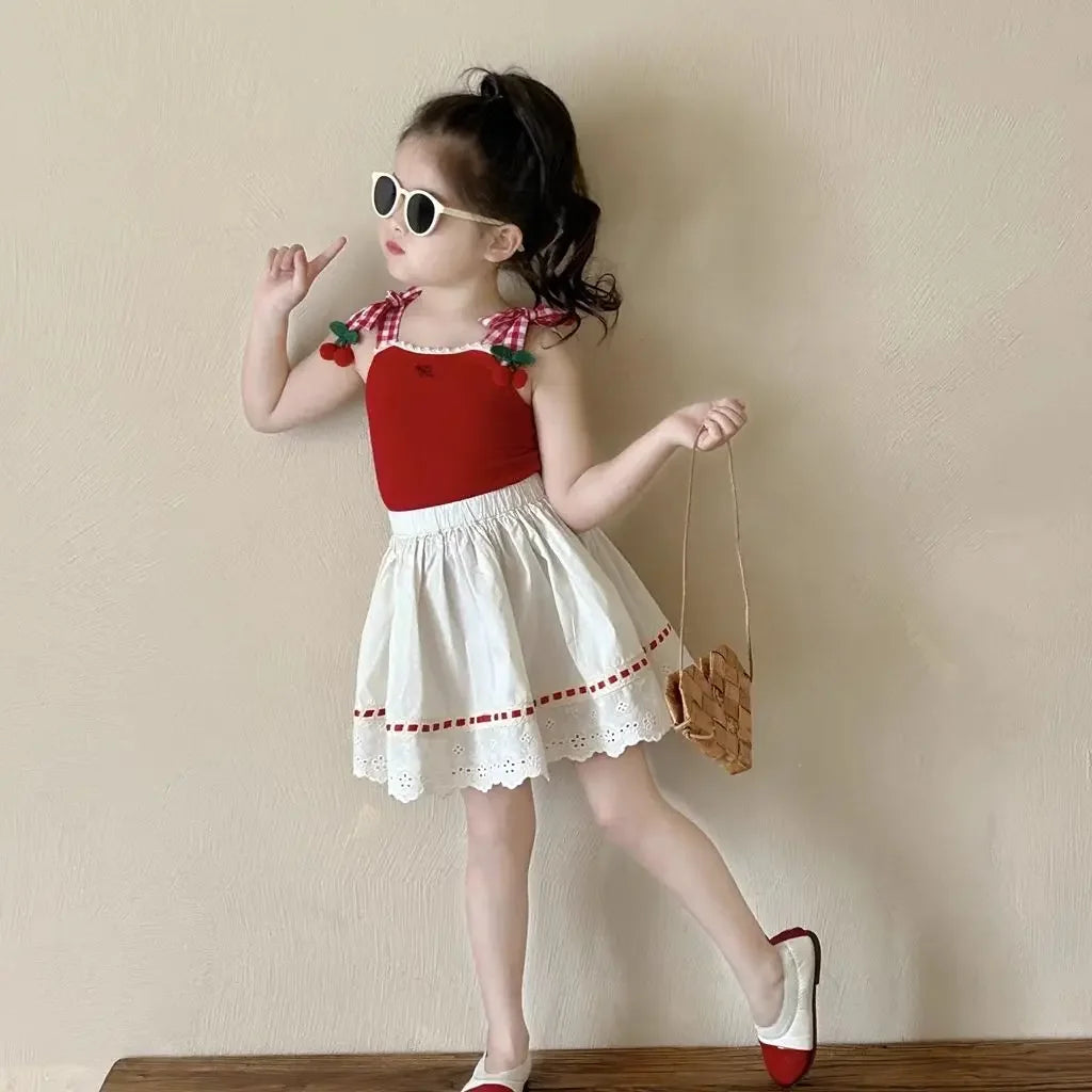 Children's Cherry Knit Halter Top and Skirt 2 Piece Set Toddler Girl Boutique Clothes