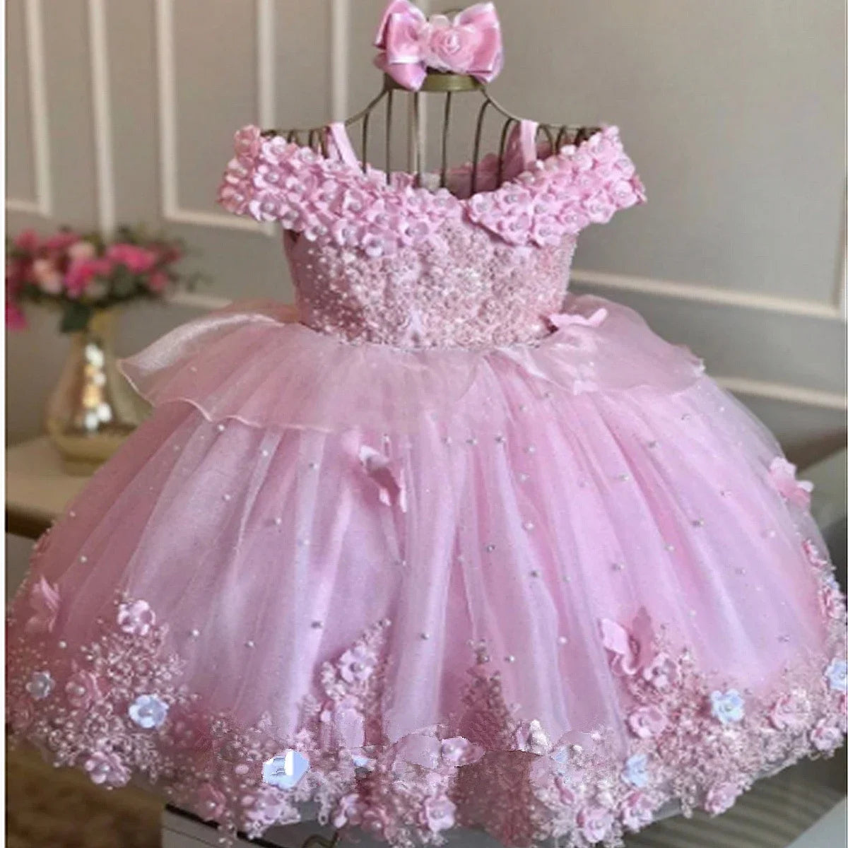 Luxury Baby Girl Birthday Dress with Lace and Pearls Infant Applique Princess Flower Girl Long Christmas Prom Ball Gown