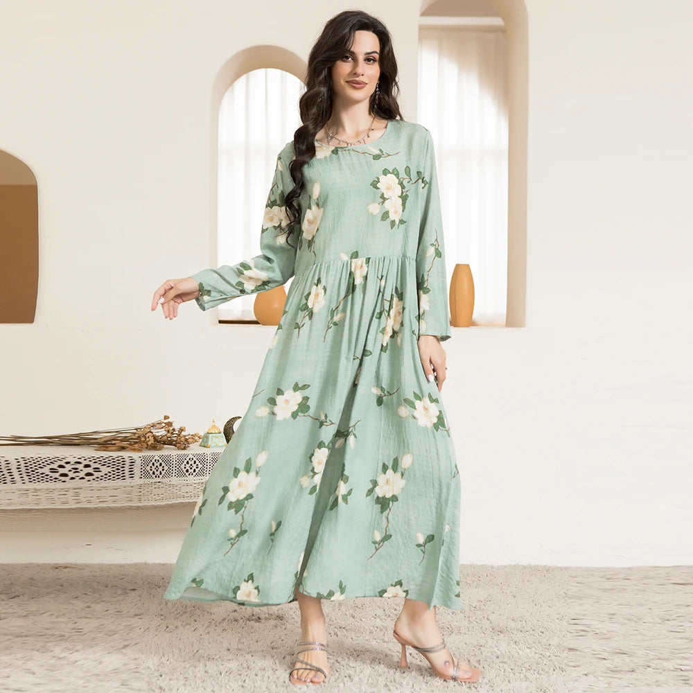 Casual Round Neck Floral Print Long Dress Mint Green for Women Stylish Regular Sleeve Spring Fashion
