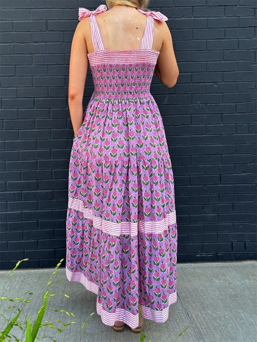 Elegant Maxi Dress with Boho Floral Print and Adjustable Tie Up Straps Sleeveless Summer Fashion Cami Dress for Women