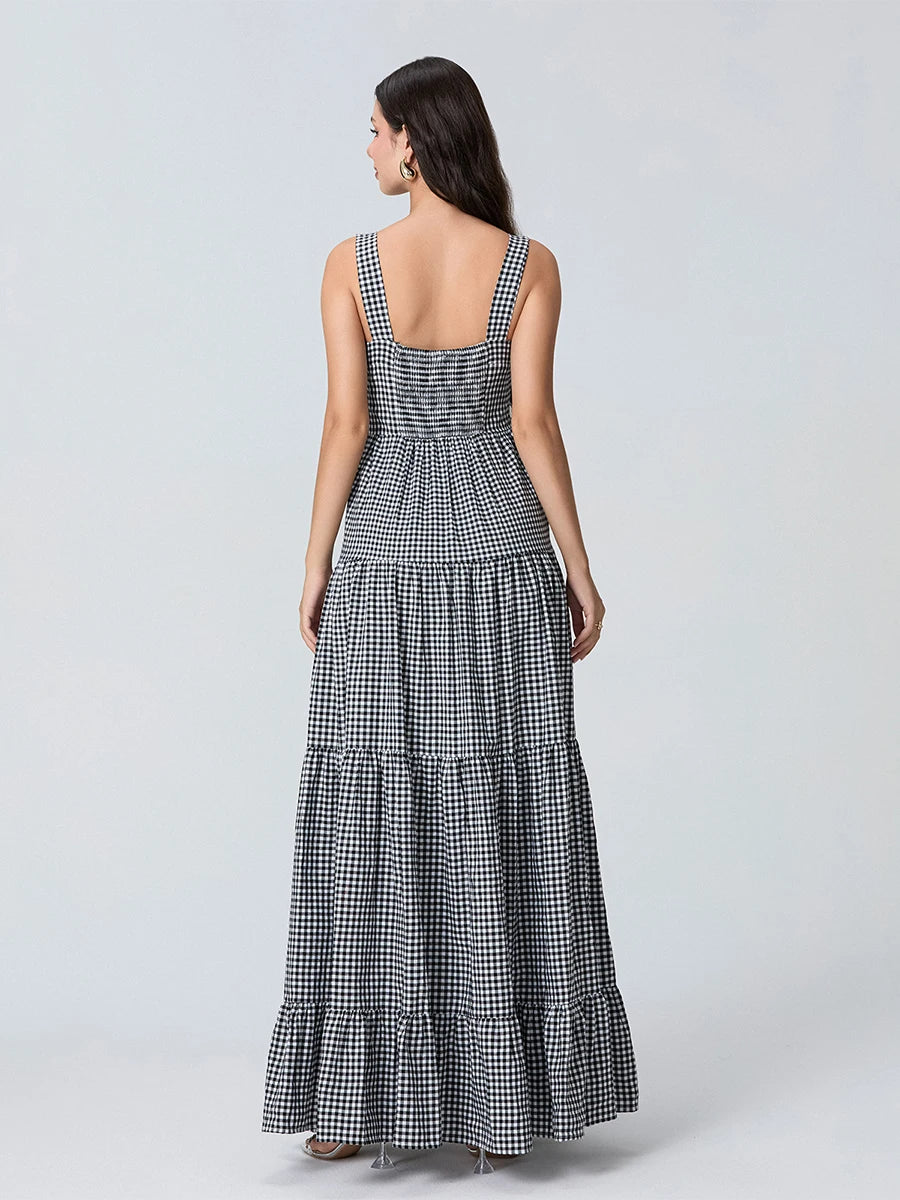 Women’s Boho Floral Print Spaghetti Strap Maxi Dress V Neck Sleeveless Summer Beach Dress with Tiered Skirt and Embroidery