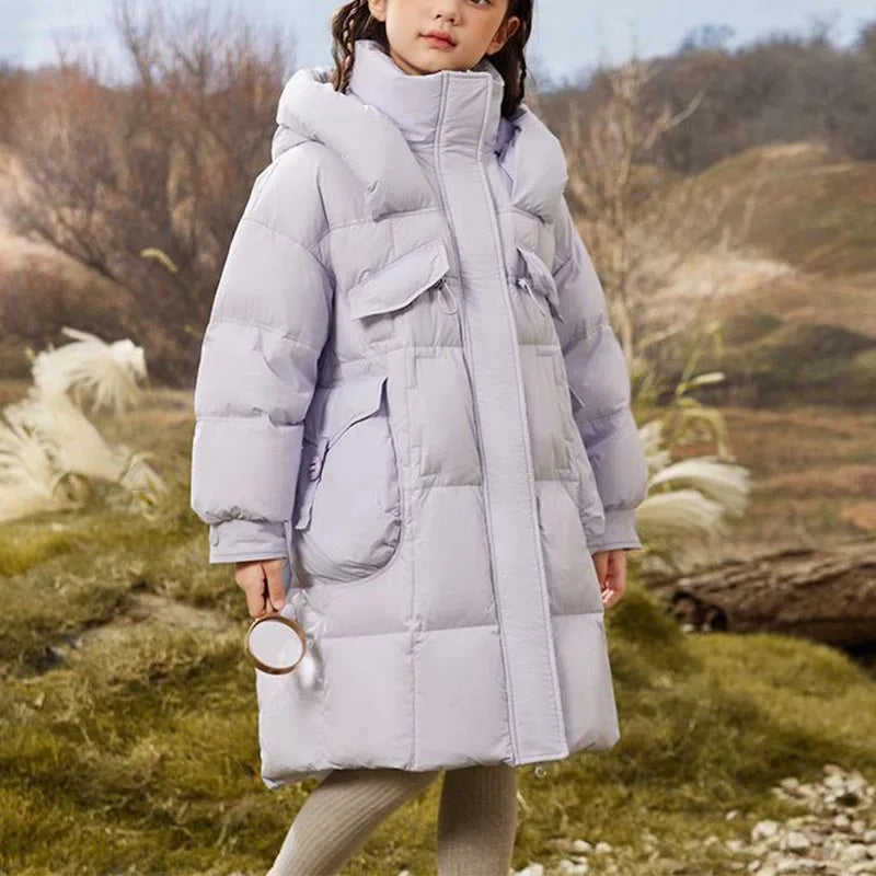 Winter Girl's Thickness White Duck Down Jacket Girls Long Warm Puffer Coat