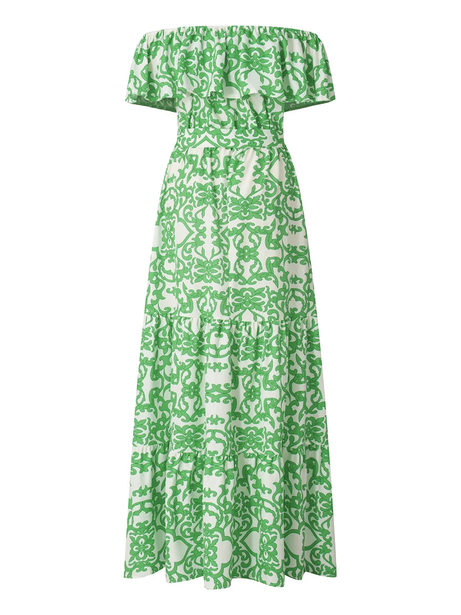 Women Long Off Shoulder Floral Print Casual Ankle Length Dress for Spring and Summer