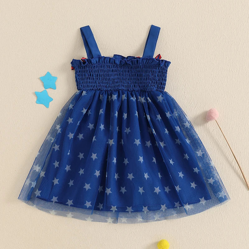 Pudcoco Little Girl 4th Of July Dress Star Print Plush Ball Sleeveless Smocked A-Line Dress For Spring Summer 6M-4T