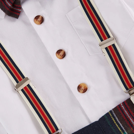 Toddler Boy Formal Wear Stylish Long Sleeve Shirt with Bowtie and Plaid Suspender Pants 2 Piece Set