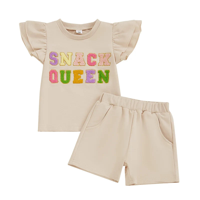 Lioraitiin Baby Girls Summer Outfits Short Sleeve O Neck Letter Embroidery Tops Solid Color Shorts Sets 1-3 Years