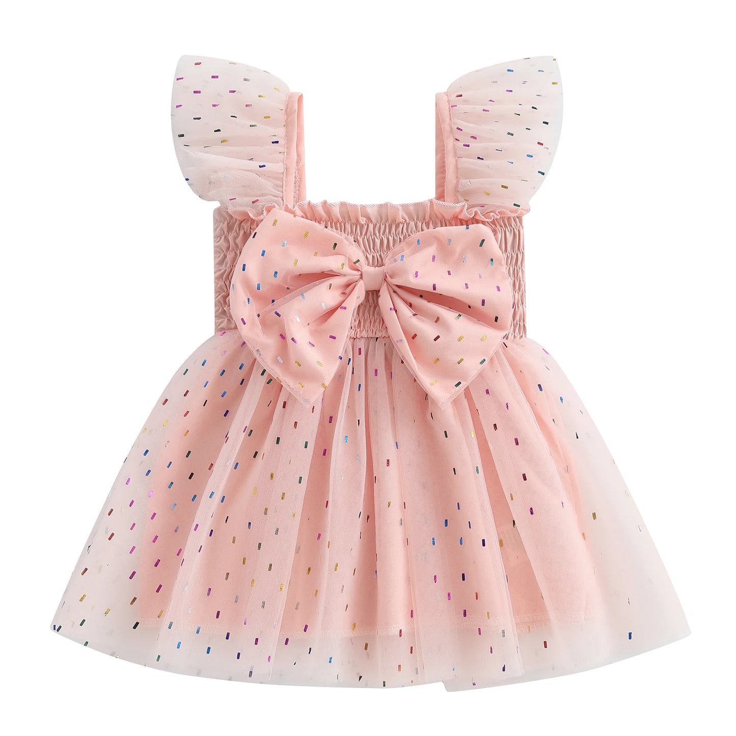 Pudcoco Toddler Girls Summer Tulle Dress Flying Sleeve Big Bow A-Line Dress for Ages 6 Months to 4 Years