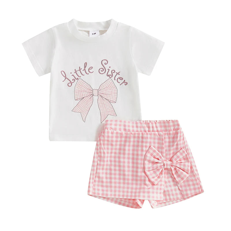 Lioraitiin Baby Girl Shorts Set Bow Letter Short Sleeve T-Shirts Plaid Elastic Waist Skorts Summer Outfit 2024