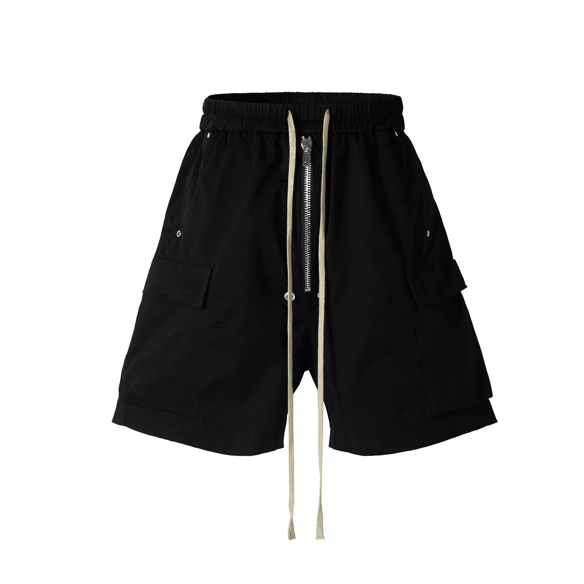 PFNW 2025 Summer High Street Trendy Workwear Shorts Loose Zipper Drawstring Elastic Waist Black Knee Length Pants 28W6518