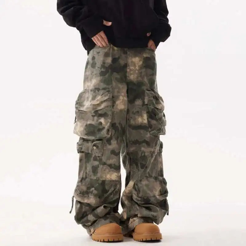 IEFB Camouflage Men's Wide Leg Pants High Street Multi Pocket Tie Dye Cargo Trousers Spring Collection 28W5107