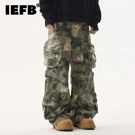 IEFB Camouflage Men's Wide Leg Pants High Street Multi Pocket Tie Dye Cargo Trousers Spring Collection 28W5107