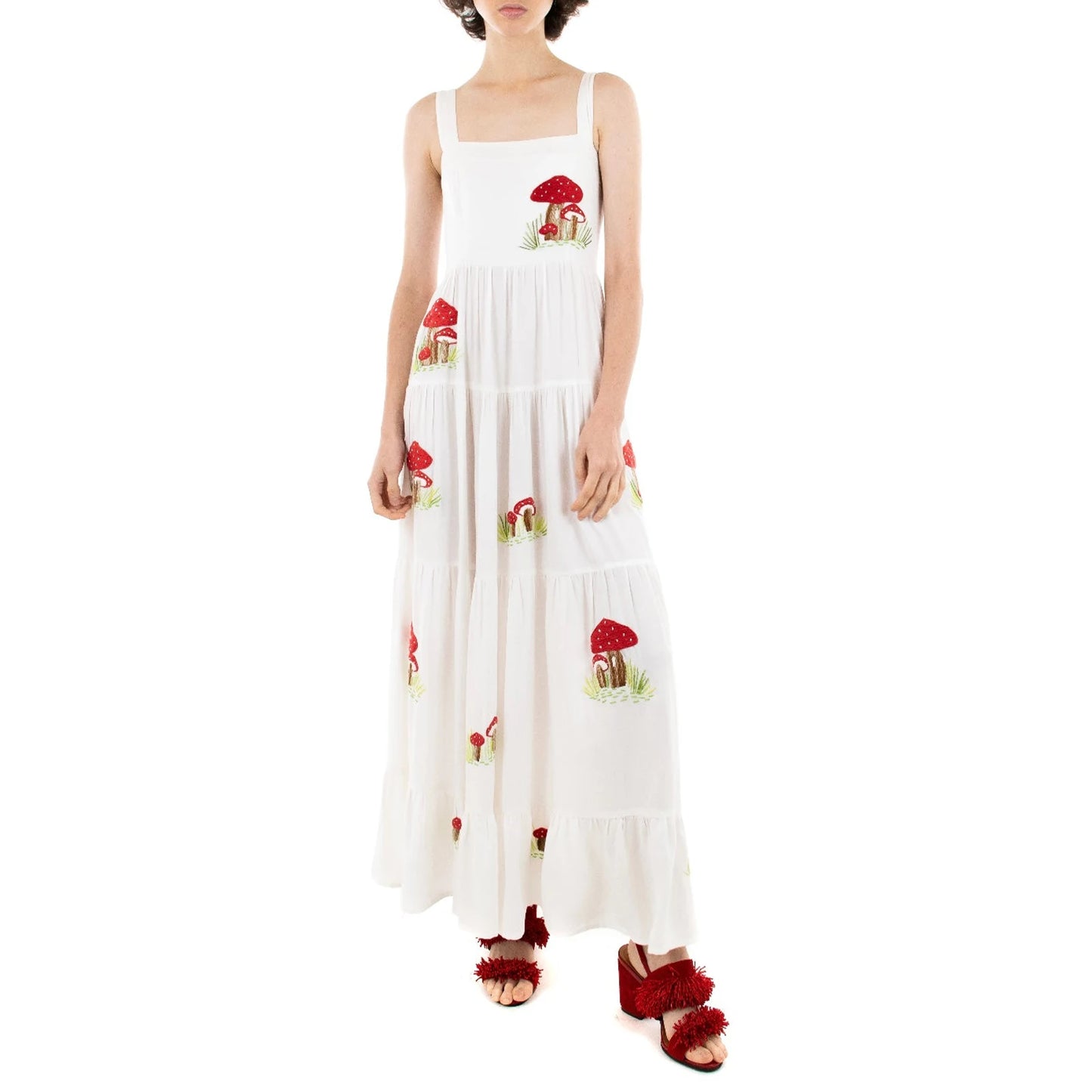 Women’s Boho Floral Print Spaghetti Strap Maxi Dress V Neck Sleeveless Summer Beach Dress with Tiered Skirt and Embroidery