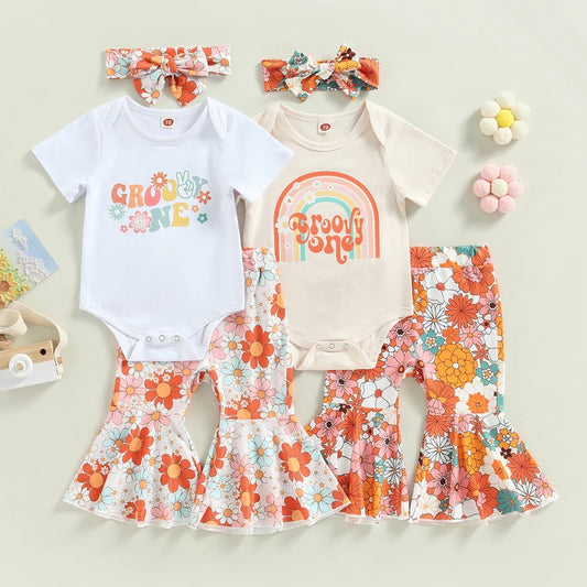 Lioraitiin Toddler Baby Girls 3Pcs Outfit Set White Short Sleeve Letter Print Romper Floral Flared Pants 0-3 Years
