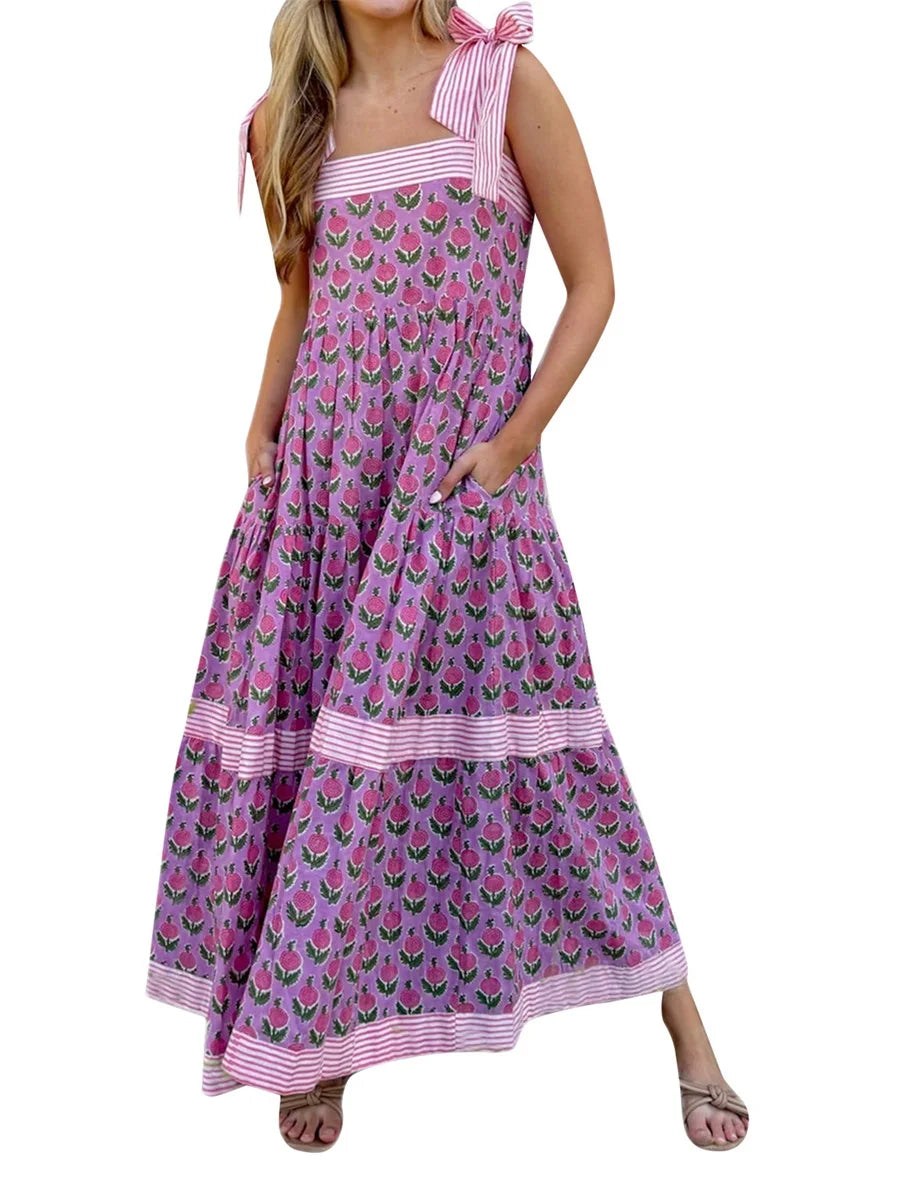 Elegant Maxi Dress with Boho Floral Print and Adjustable Tie Up Straps Sleeveless Summer Fashion Cami Dress for Women