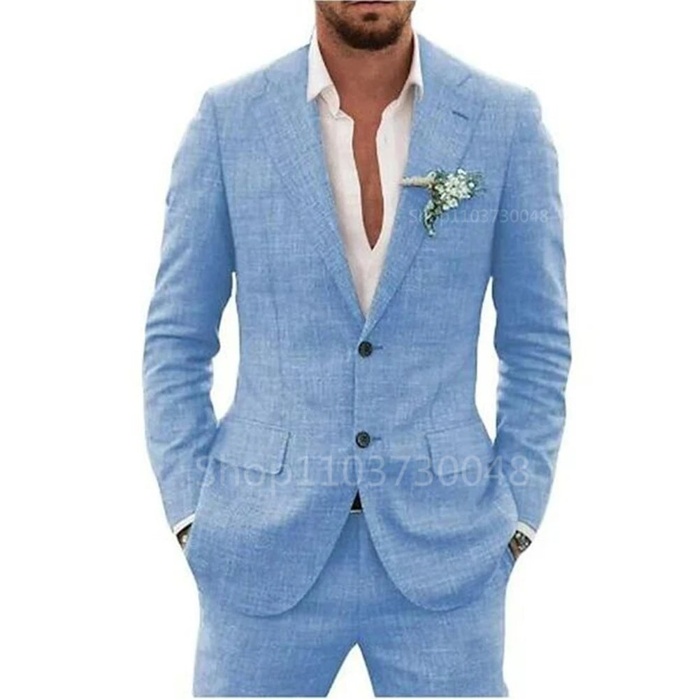 Casual 2 Piece Beige and Blue Linen Men Suits Notch Lapel Slim Fit Groom Tuxedos Blazer Pants Set Wedding Prom Party Costume
