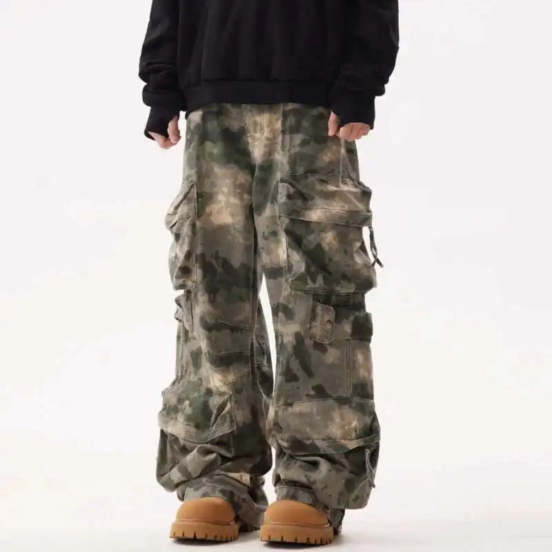 IEFB Camouflage Men's Wide Leg Pants High Street Multi Pocket Tie Dye Cargo Trousers Spring Collection 28W5107