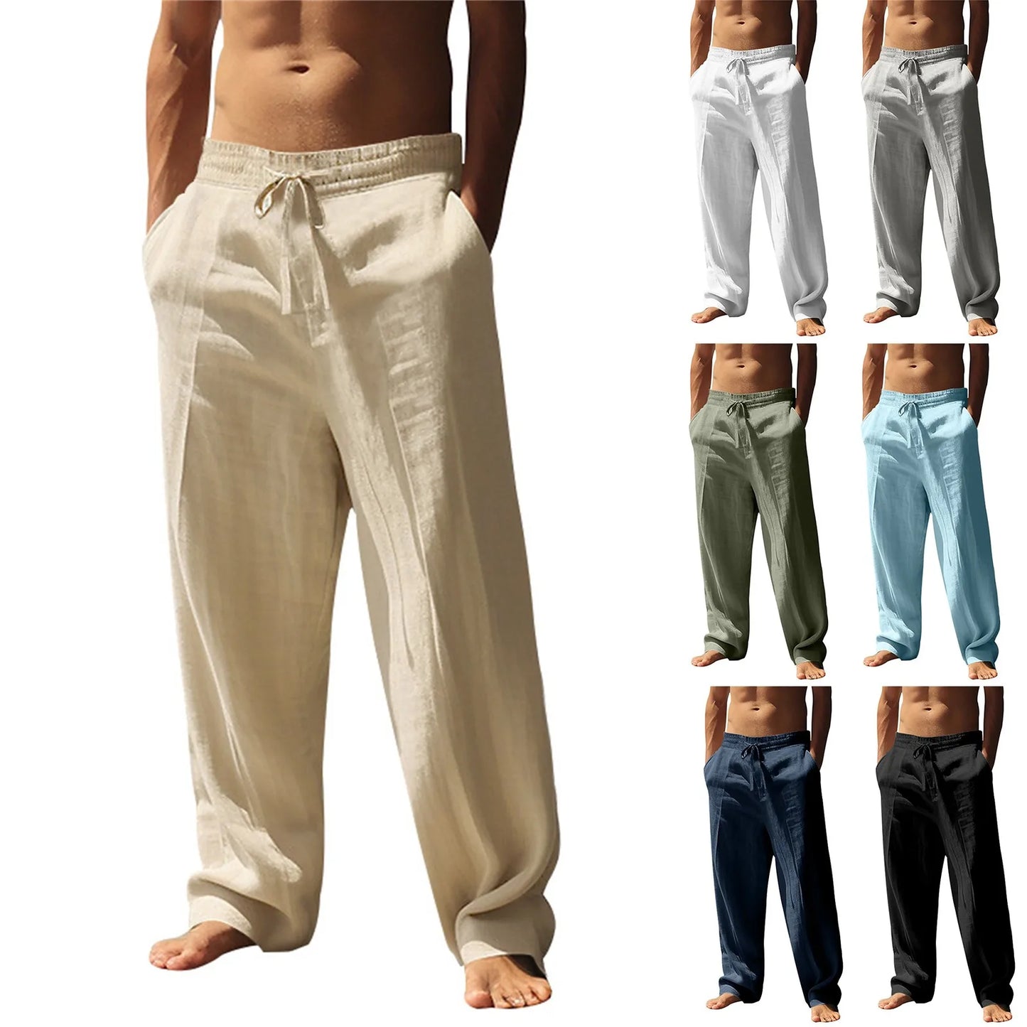 Loose Men's Cotton Linen Pants Summer Breathable Solid Color Trousers Fitness Streetwear Plus Size