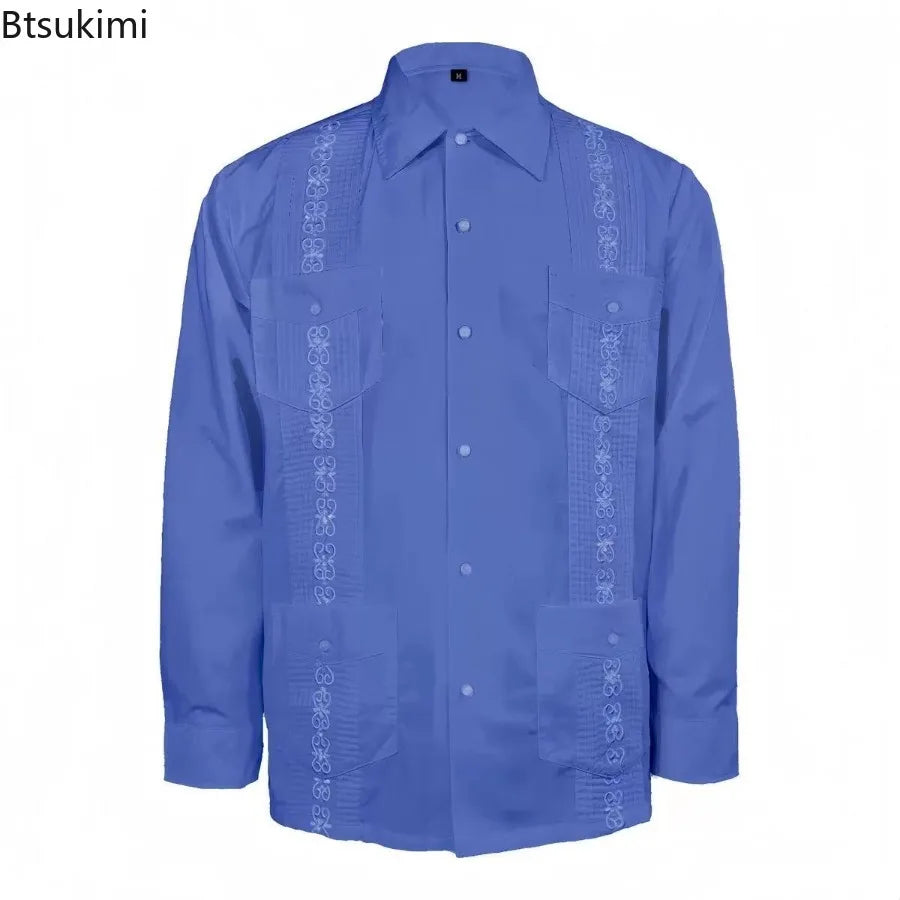 2025 Men's Cuban Guayabera Shirts Solid Long Sleeve Button Up Embroidery Dress Shirts Traditional Casual Four Pockets Tops