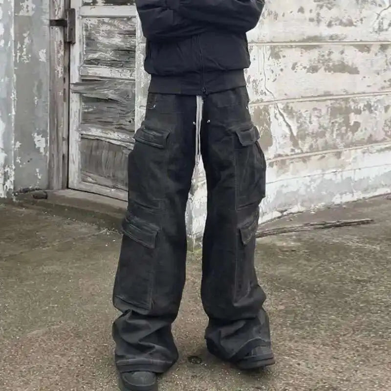 PFNW High Street Drawstring Zipper Sliced Wide Leg Cargo Pants Men Casual Loose Straight Trousers Denim 28W5963