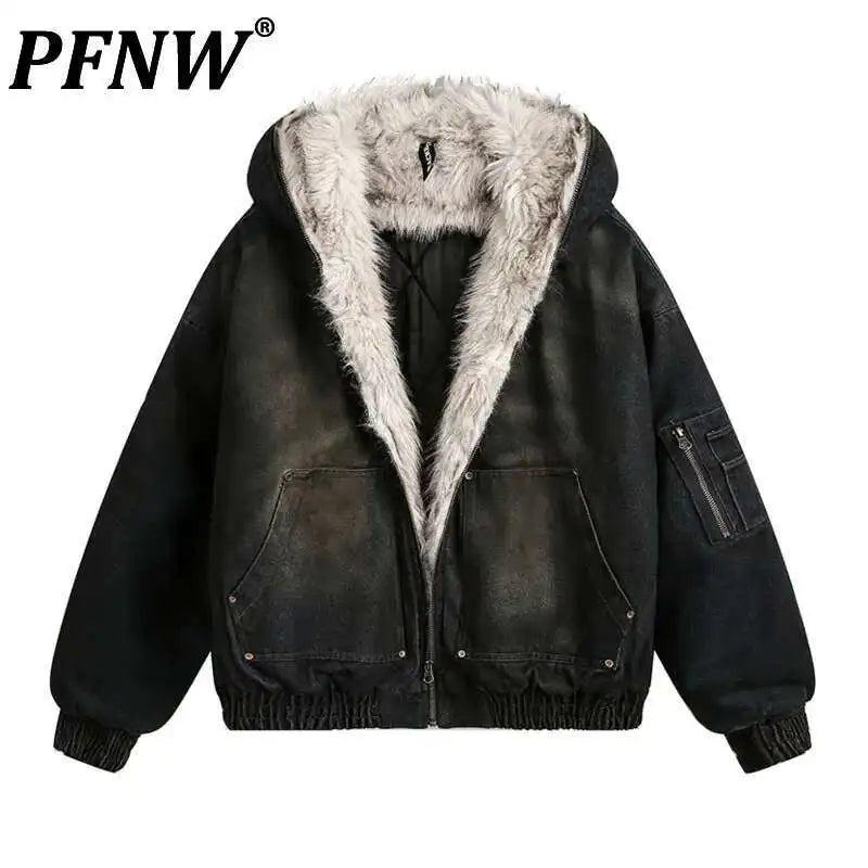 PFNW Menswear Thickened Denim Quilted Padded Jacket Autumn Winter Trend 2024 New Oversized Fur Collar Hooded Coat