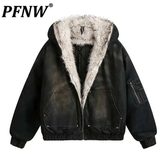 PFNW Menswear Thickened Denim Quilted Padded Jacket Autumn Winter Trend 2024 New Oversized Fur Collar Hooded Coat