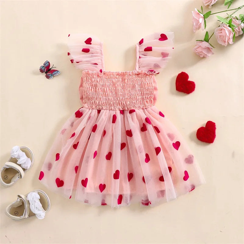 Lioraitiin 6M-4Y Summer Toddler Girls Tulle Dress with Heart 3D Bow and Flutter Sleeves A-Line Spring Valentine's Day Dress