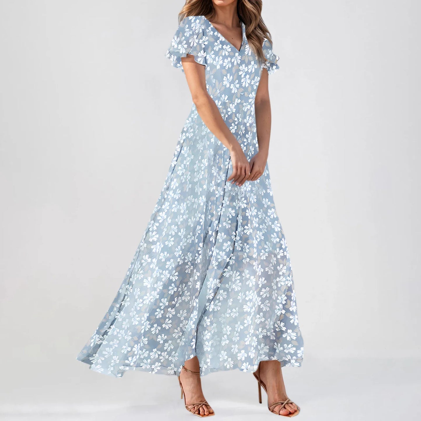 2025 Summer Dresses For Women Casual Short Sleeve Maxi Dresses Cute Floral Maxi Dress Evening Party Wedding Guest Dresses