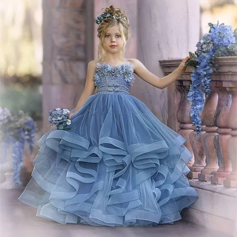 Formal Lace Appliques Shiny Princess Flower Girl Dress Floor Length Pleat Spaghetti Strap Luxury Full Ball Gown