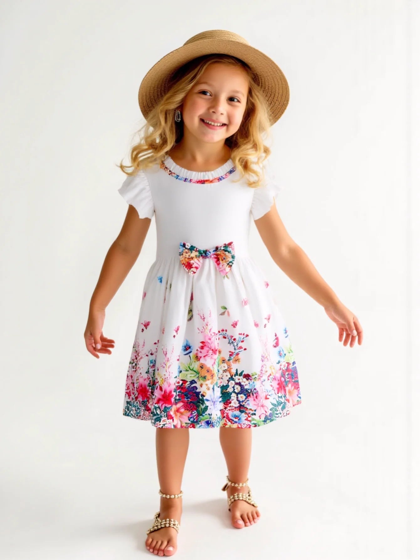 Children's Summer Casual Daily Dress Patchwork Cowboy Butterfly Floral Design Fashion Girls Dress