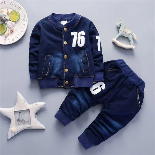 Spring And Autumn Toddler Boy Decorative Printed Coat And Elastic Jeans Suit Fashion Joker