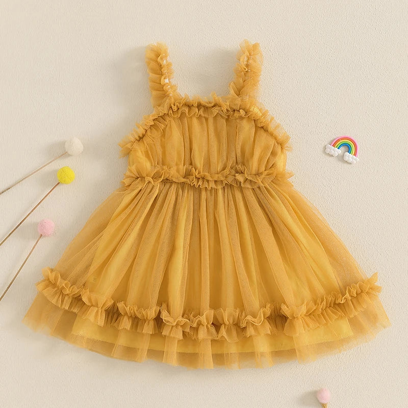 Lioraitiin Toddler Girl Summer Tulle Dress Solid Color Sleeveless Casual Mesh Ruffled A Line Dress for Ages 1 to 3 Years
