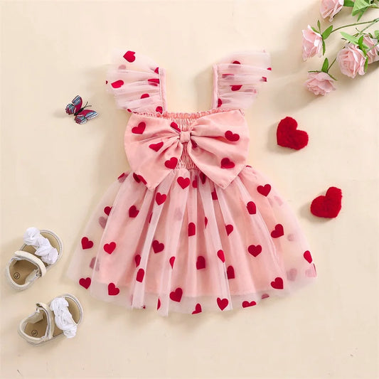 Lioraitiin 6M-4Y Summer Toddler Girls Tulle Dress with Heart 3D Bow and Flutter Sleeves A-Line Spring Valentine's Day Dress