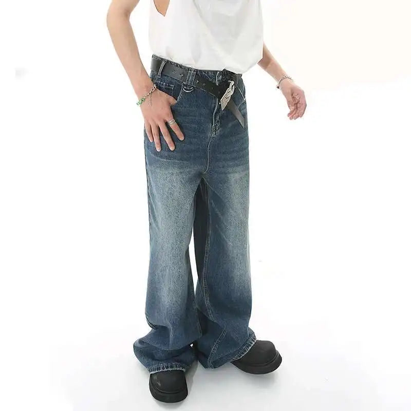 IEFB 2025 Spring Trendy Men's Gradient Color Washed Straight Leg Jeans with Metal Ring Design Casual Wide Leg Denim Pants