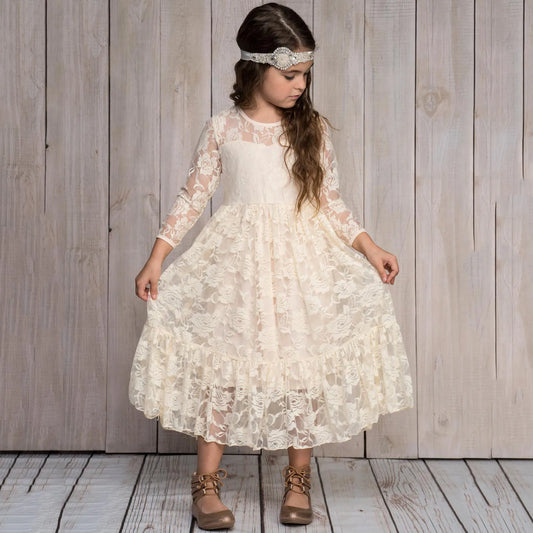 1st Birthday Outfit Girls Lace Dress with Tie Belt Chic Long Flower Girl Bubble Dress for Children Ages 1 to 3 Years