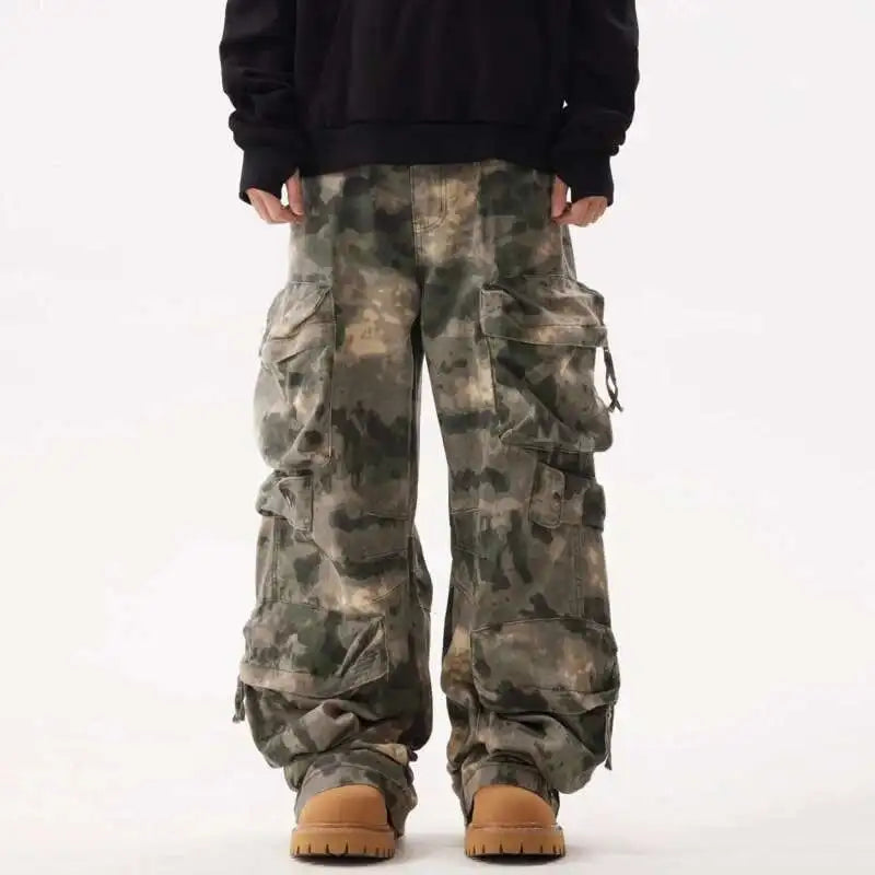 IEFB Camouflage Men's Wide Leg Pants High Street Multi Pocket Tie Dye Cargo Trousers Spring Collection 28W5107
